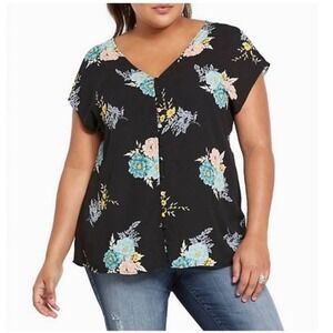 Torrid Black Floral Button Front‎ Dolman Sleeve Georgette Top Blouse 2X Feminine